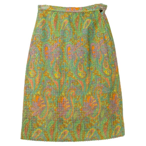 Vintage 60s Neon Skirt Set Acid Green Psychedelic Paisley Textured Hippie Suit - Picture 2 of 16